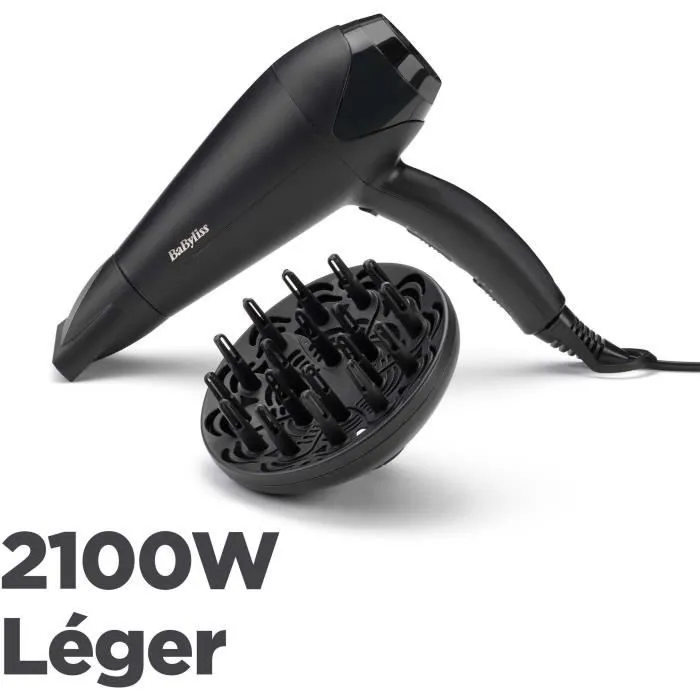 BaByliss Power Dry 2100 Seche-cheveux D563DE 2100W avec Concentrateur et Diffuseur, 3 Températures et 2 Vitesses, Technologie Céramique
