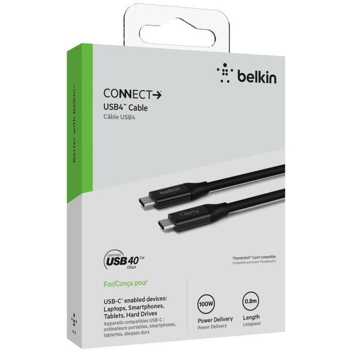 Belkin Câble USB4 USB-C vers USB-C 40 Gb/s 100 W 0,8 m INZ001bt0.8MK