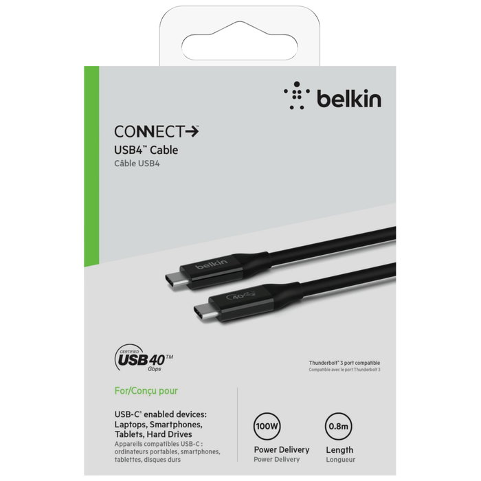 Belkin Câble USB4 USB-C vers USB-C 40 Gb/s 100 W 0,8 m INZ001bt0.8MK
