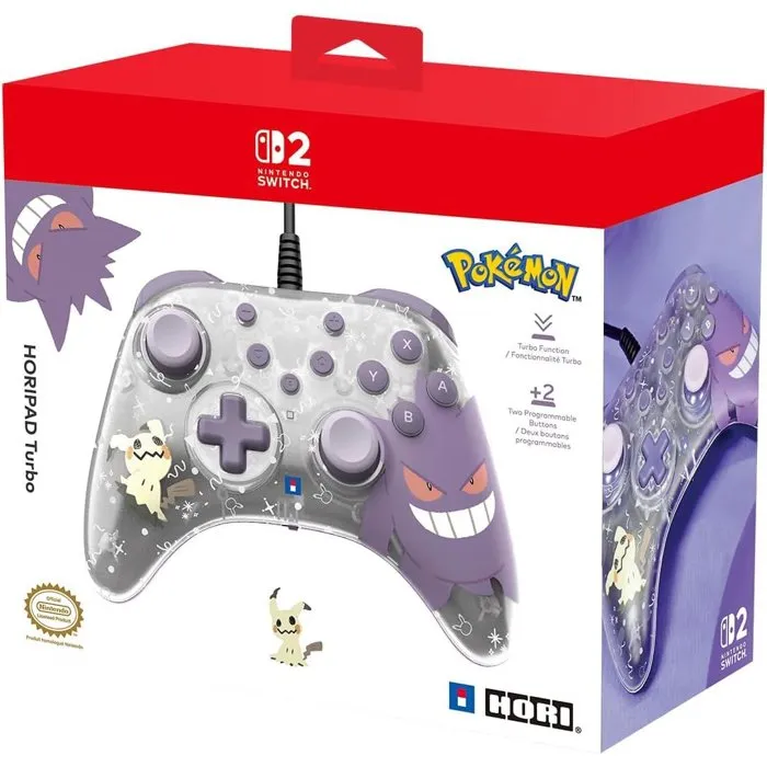 Hori Manette filaire Pokémon Horipad Turbo Ectoplasma & Mimiqui avec boutons arrière programmables pour Nintendo Switch, Switch OLED et Switch 2
