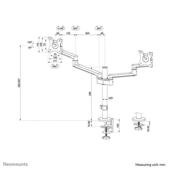 Neomounts DS60-425BL2 Support de bureau double écran à mouvement complet pour écrans 17 à 27 pouces - Noir