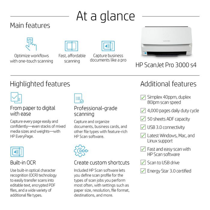 HP ScanJet Pro 3000 s4 - Scanner professionnel à alimentation automatique de documents 50 pages, 40 ppm, couleur et N&B