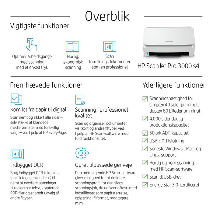 HP ScanJet Pro 3000 s4 - Scanner professionnel à alimentation automatique de documents 50 pages, 40 ppm, couleur et N&B