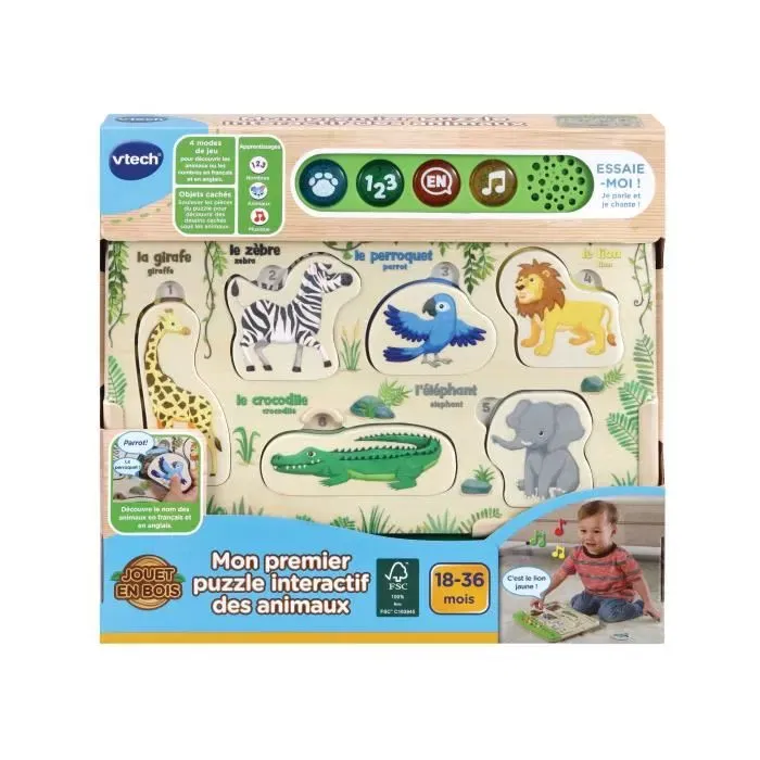 VTech Mon Premier Puzzle des Animaux - Jouet en bois interactif FSC avec reconnaissance et apprentissage des animaux, cris et comptage - Langue française