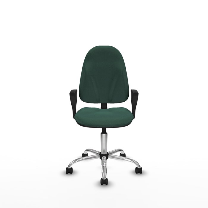 Chaise de bureau Algarra avec mécanisme de contact permanent de base, recouverte de tissu vert bouteille. Équipée d'une base chromée, d'accoudoirs fixes et de roulettes autobloquantes.