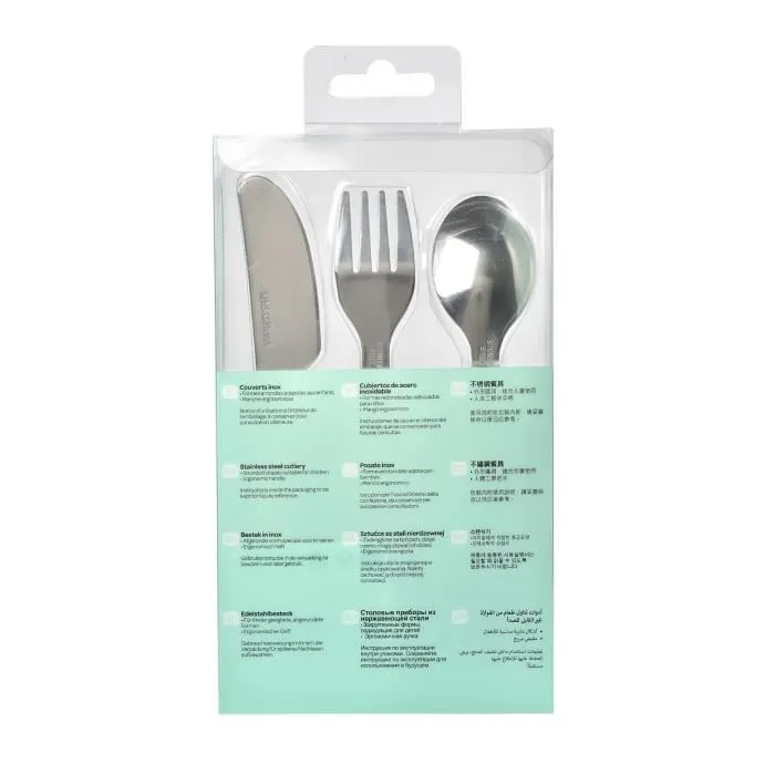 Beaba Set de 3 couverts d'apprentissage inox Airy Green pour bébé de 12 mois et plus - Facile à prendre en main