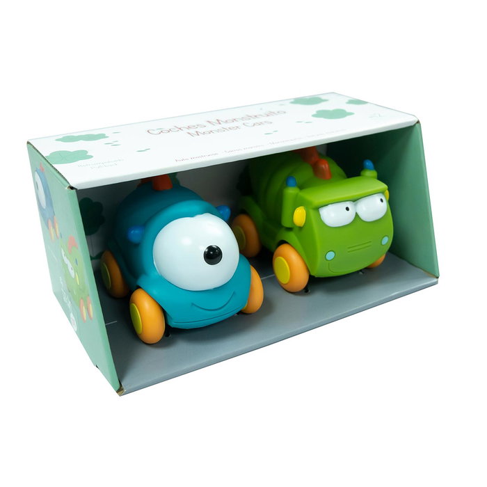 Tachan - Set de 2 voitures monstres bleu et vert - Jouets en caoutchouc souple à roues libres pour bébé à partir de 1 an