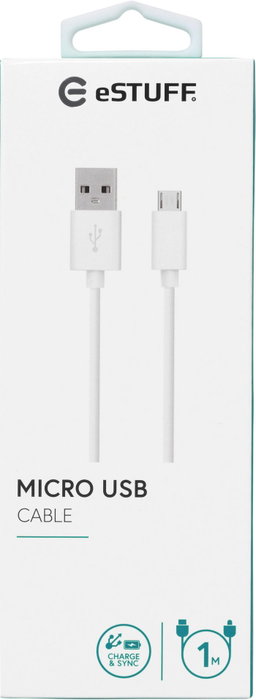 eSTUFF Câble de Charge et Synchronisation MicroUSB 1 mètre Blanc - Compatible 5V/2.4A, Double Blindage, PVC Souple
