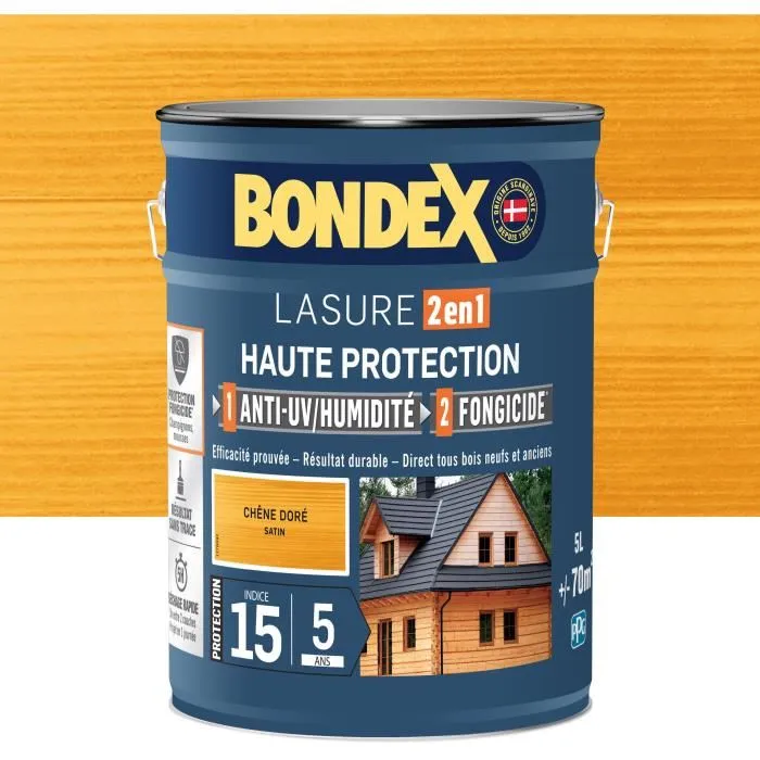 Bondex Lasure 2 en 1 haute protection satinée chêne doré - Protection jusqu'à 5 ans pour bois bruts ou anciens - Bidon 5 litres Bondex Lasure 2 en 1 haute protection satinée chêne doré - Protection jusqu'à 5 ans pour bois bruts ou anciens - Bidon 5 litres