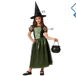 Déguisement de Sorcière Robe Verte avec Chapeau pour Fille Enfant Taille 10-12 Ans, Halloween, Polyester