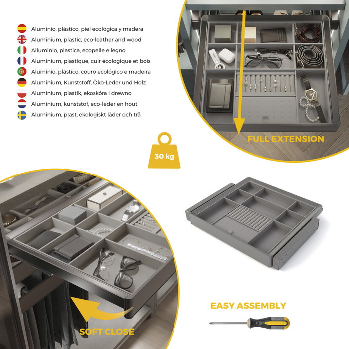 Emuca Kit tiroir organisateur et rack ajustable Quartz pour armoires, glissières extension totale et à fermeture douce, Module 60cm, Finition Titane Emuca Kit tiroir organisateur et rack ajustable Quartz pour armoires, glissières extension totale et à fermeture douce, Module 60cm, Finition Titane