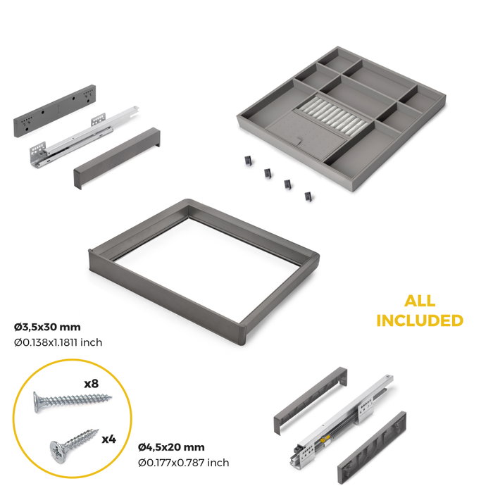 Emuca Kit tiroir organisateur et rack ajustable Quartz pour armoires, glissières extension totale et à fermeture douce, Module 60cm, Finition Titane Emuca Kit tiroir organisateur et rack ajustable Quartz pour armoires, glissières extension totale et à fermeture douce, Module 60cm, Finition Titane