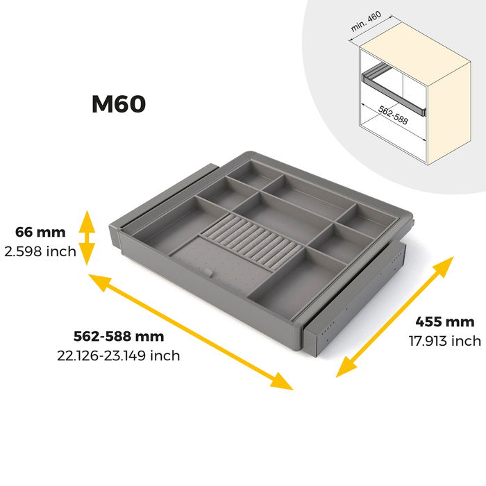 Emuca Kit tiroir organisateur et rack ajustable Quartz pour armoires, glissières extension totale et à fermeture douce, Module 60cm, Finition Titane
