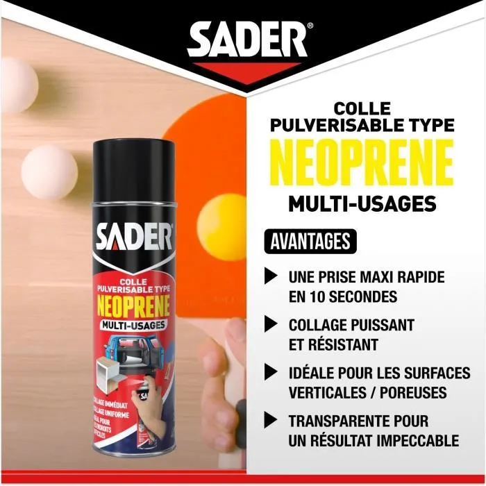SADER - Colle néoprène en aérosol extra forte multi-usages, prise immédiate, pour tous matériaux (bois, métal, plastique, cuir, mousse) - Bombe 500 ml