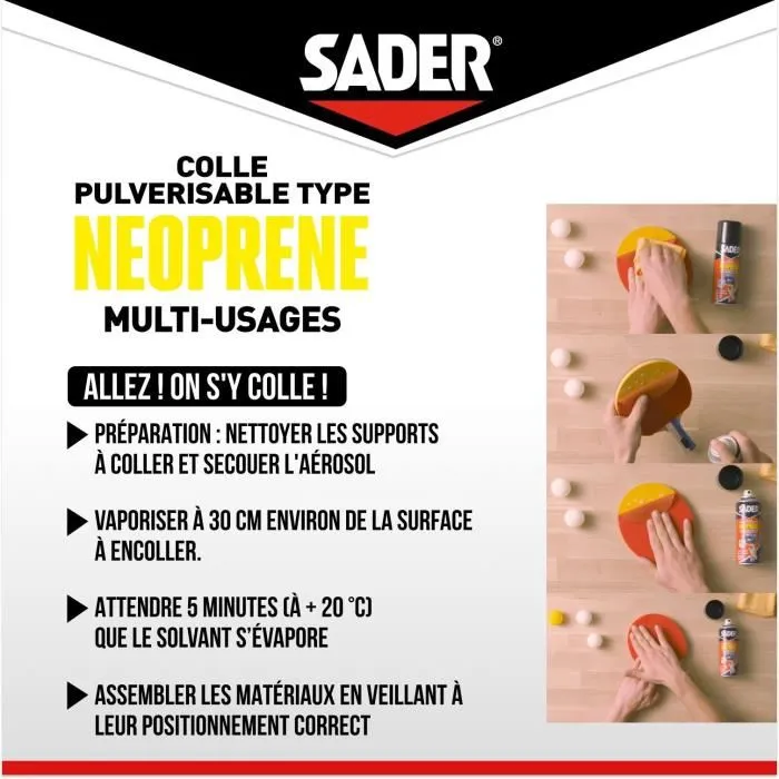 SADER - Colle néoprène en aérosol extra forte multi-usages, prise immédiate, pour tous matériaux (bois, métal, plastique, cuir, mousse) - Bombe 500 ml