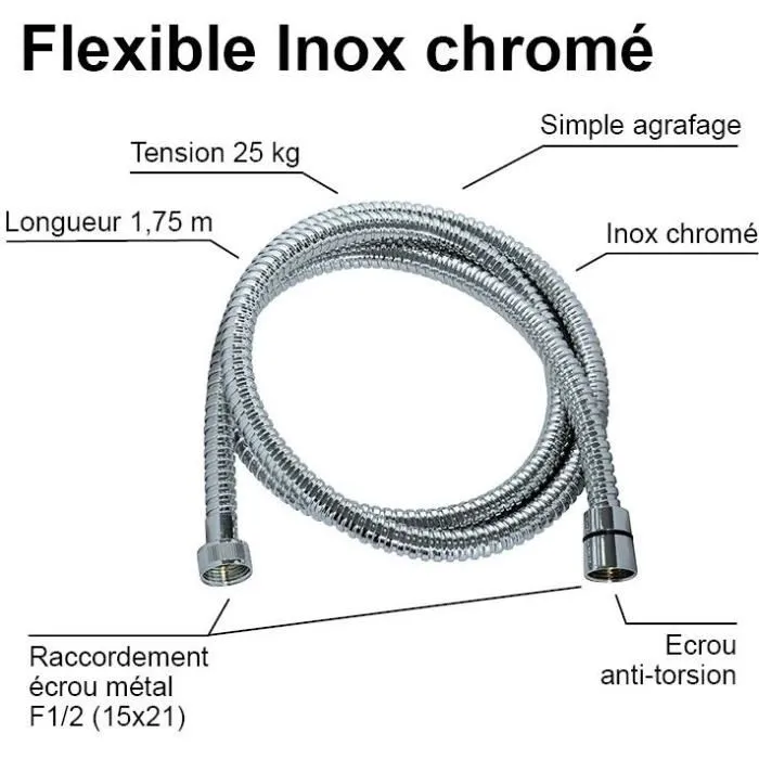 Edouard Rousseau Flexible de douche flexible en inox chromé à double agrafage, longueur 1.75 m, pression 1 bar, avec raccord universel et écrou métal anti-torsion