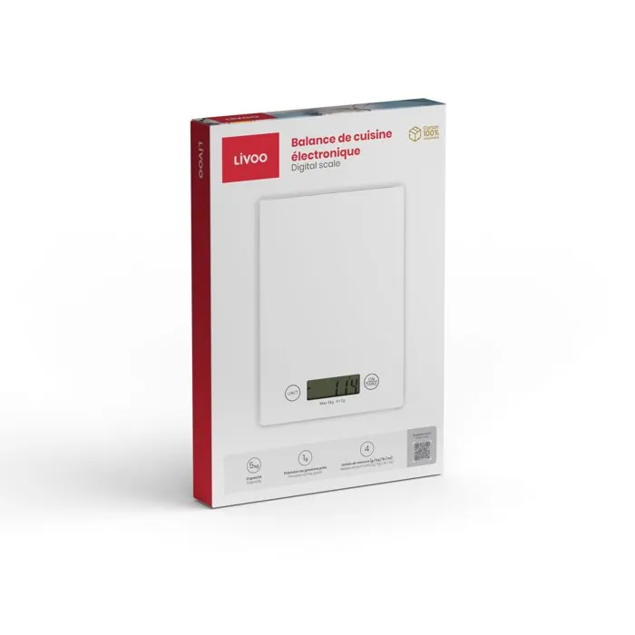 Livoo DOM451W Balance de cuisine électronique ultra slim avec plateau en verre, 5 kg