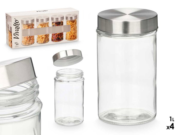 Vivalto Lot de 4 bocaux ronds avec couvercle en acier 1L Transparent Verre Métal 41x18x10cm (Set de 8) Vivalto Lot de 4 bocaux ronds avec couvercle en acier 1L Transparent Verre Métal 41x18x10cm (Set de 8)