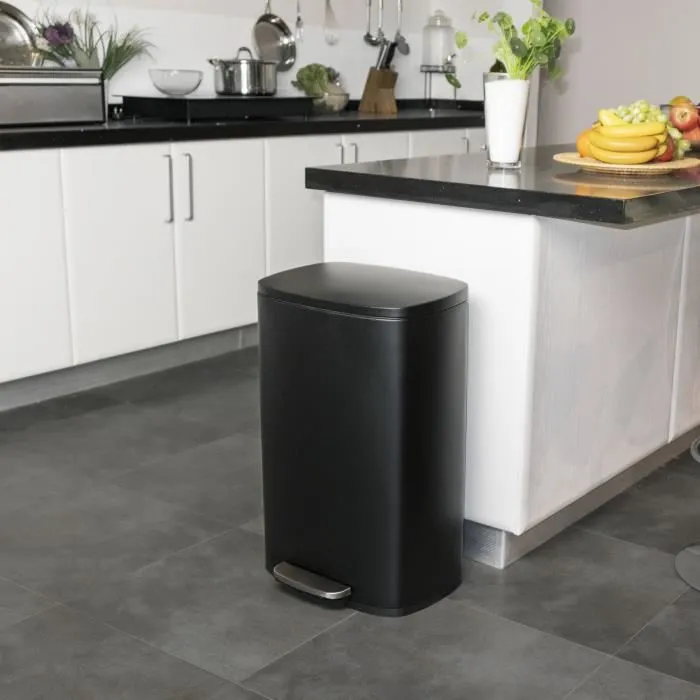Kitchen Move Poubelle de cuisine à pédale Admiral - 50 L - Inox brossé noir mat - Avec seau et protection de sol