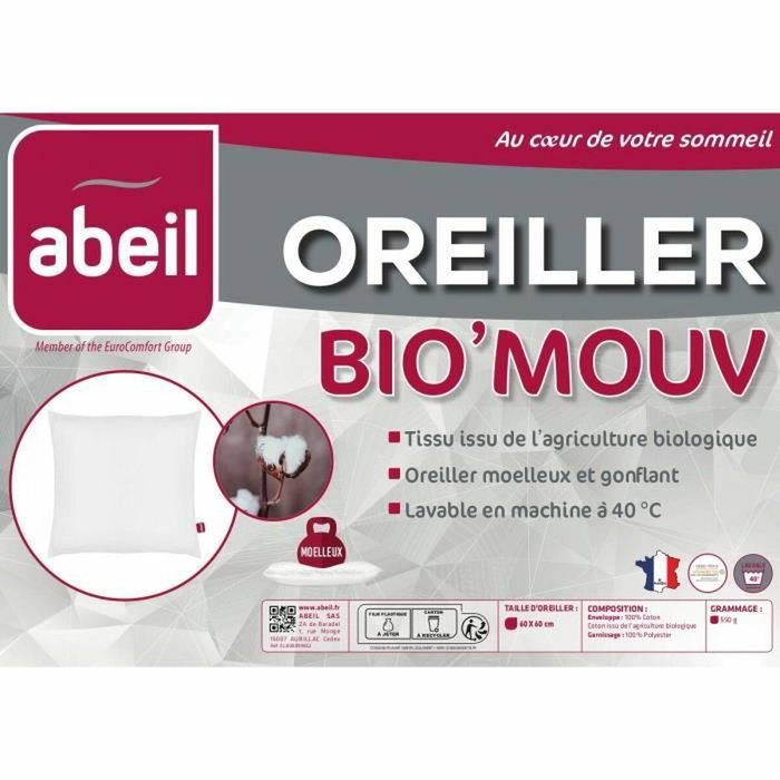 Abeil Lot de 2 Oreillers Bio'Mouv 60 x 60 cm en Coton Bio Blanc