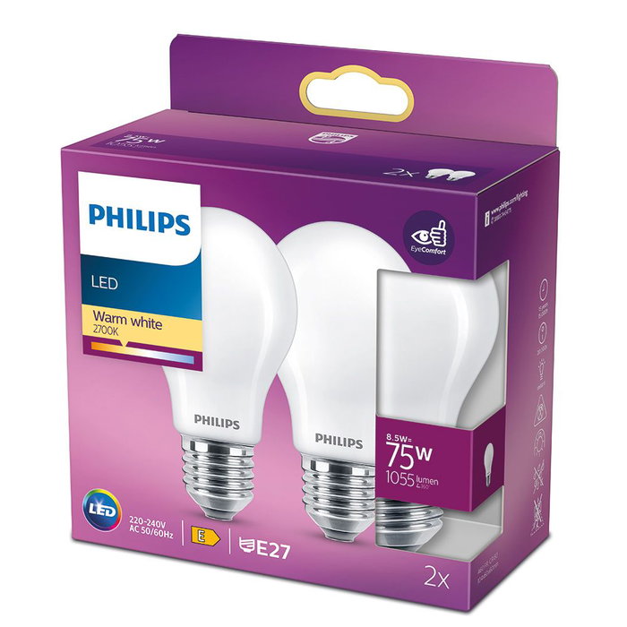 Philips LED E27 8.5W 1055lm 2700K 75W Équivalent Ampoule Standard Lumière Chaude Lot de 2