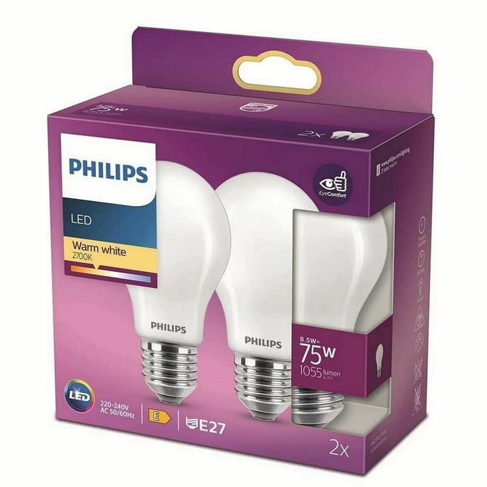 Philips Pack de 2 Ampoules LED E27 8,5 W 1055 lm 2700 K Lumière Chaude