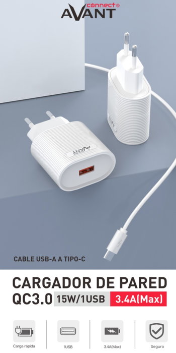 AVANT CONNECT AV1139 Chargeur USB 15W QC3.0 avec Câble Type-C