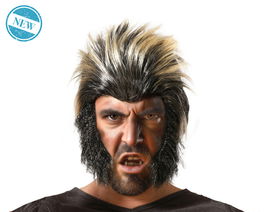 Peluca de Hombre Lobo Noir avec Reflets Blonds et Favoris Intégrés - Accessoire de Déguisement pour Halloween, Cosplay ou Théâtre