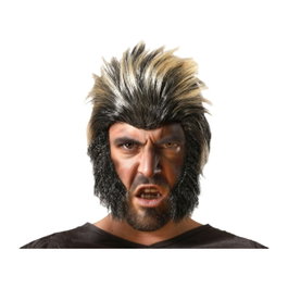 Perruque de loup-garou pour homme noire avec reflets blonds et pattes latérales