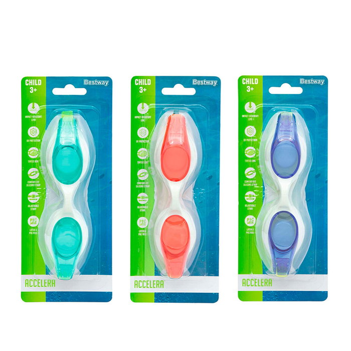 Bestway Lunettes de natation junior avec courroie en silicone, couleurs assorties, anti-buée, +7 ans, plage et piscine 21049