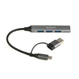 Ewent EW1154 Hub USB-C vers 4 ports USB-A 3.2 Gen 1 et 2.0, Aluminium, Plug & Play, 5 Gbps
