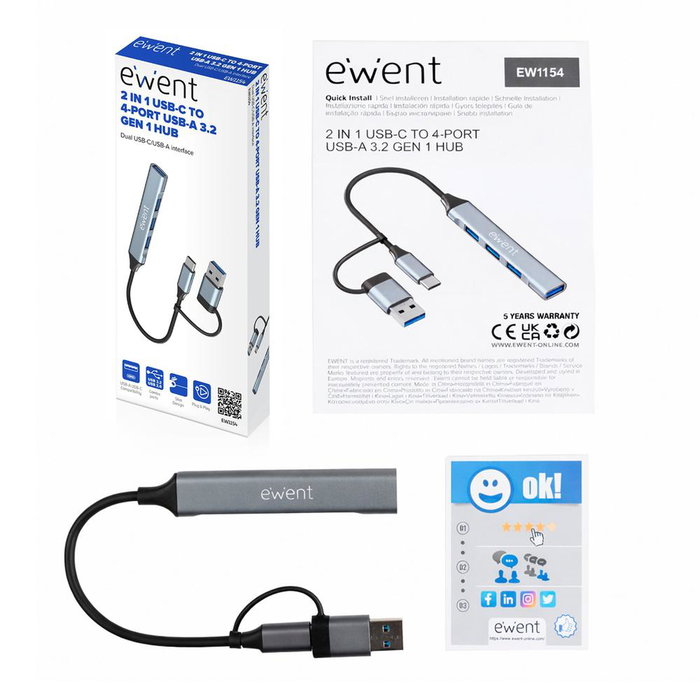 Ewent EW1154 Hub USB-C vers 4 ports USB-A 3.2 Gen 1 et 2.0, Aluminium, Plug & Play, 5 Gbps