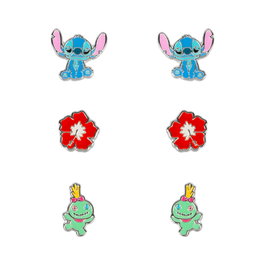 PEERS HARDY Set de 3 Paires de Boucles d'Oreilles Stitch Disney en Argent avec Boucles à Fleurs Rouges et Ours Scrump