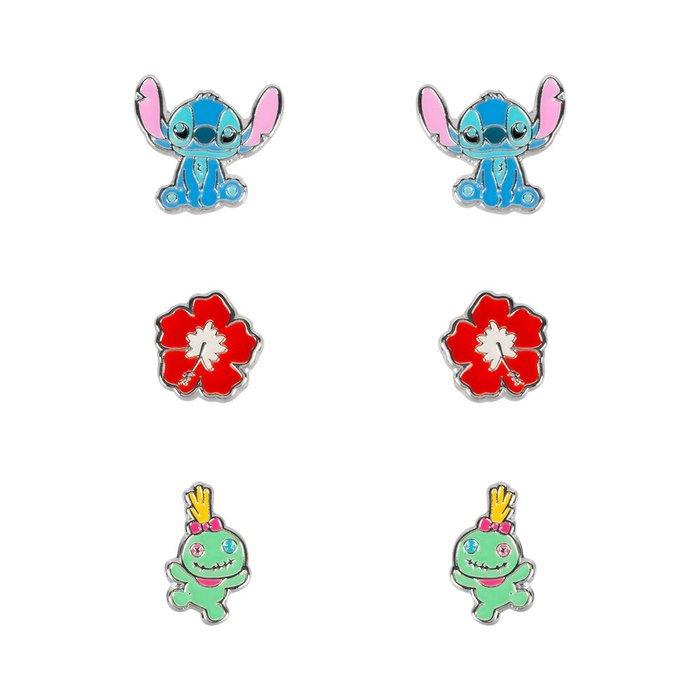 PEERS HARDY Set de 3 Paires de Boucles d'Oreilles Stitch Disney en Argent avec Boucles à Fleurs Rouges et Ours Scrump PEERS HARDY Set de 3 Paires de Boucles d'Oreilles Stitch Disney en Argent avec Boucles à Fleurs Rouges et Ours Scrump
