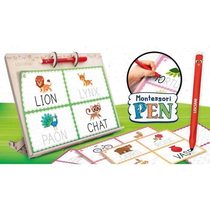 Liscianigiochi MONTESSORI PEN - Table d'écriture et de dessin effaçable, jeu éducatif en bois avec stylo et cartes, méthode Montessori, pour enfant de 3 à 6 ans