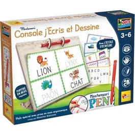 Liscianigiochi MONTESSORI PEN - Table d'écriture et de dessin effaçable, jeu éducatif en bois avec stylo et cartes, méthode Montessori, pour enfant de 3 à 6 ans