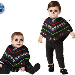 Déguisement Poncho Bébé avec Crânes Colorés - Taille 24 Mois, Noir, Polyester, Unisexe, Thème Halloween et Jour des Morts