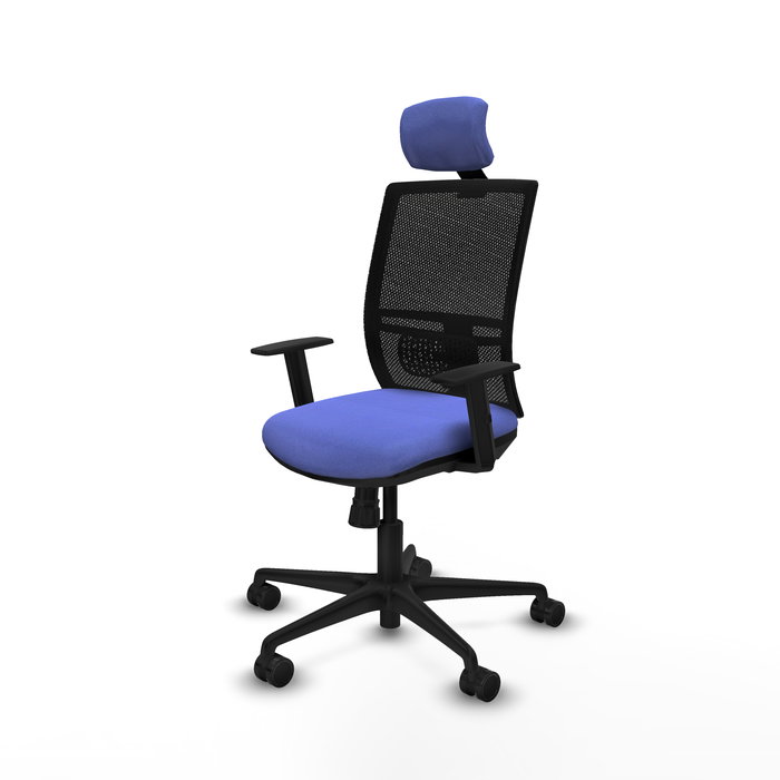 Chaise Yunquera Synchro 4 positions tissu Bleu clair Maille Noir Base en nylon noir Accoudoir 1D Appui-tête 1D Roulettes 65mm nylon