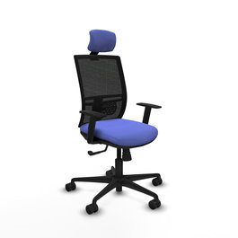 Chaise Yunquera Synchro 4 positions tissu Bleu clair Maille Noir Base en nylon noir Accoudoir 1D Appui-tête 1D Roulettes 65mm nylon