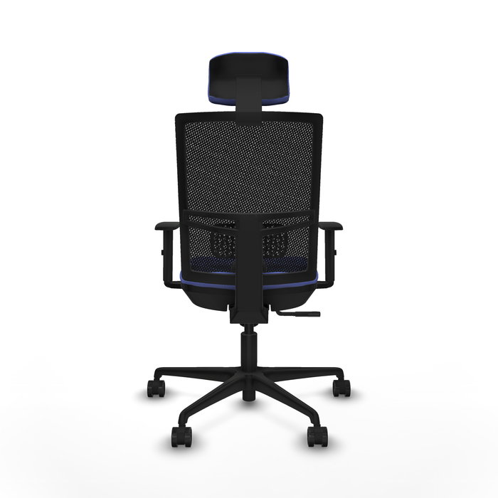 Chaise Yunquera Synchro 4 positions tissu Bleu clair Maille Noir Base en nylon noir Accoudoir 1D Appui-tête 1D Roulettes 65mm nylon