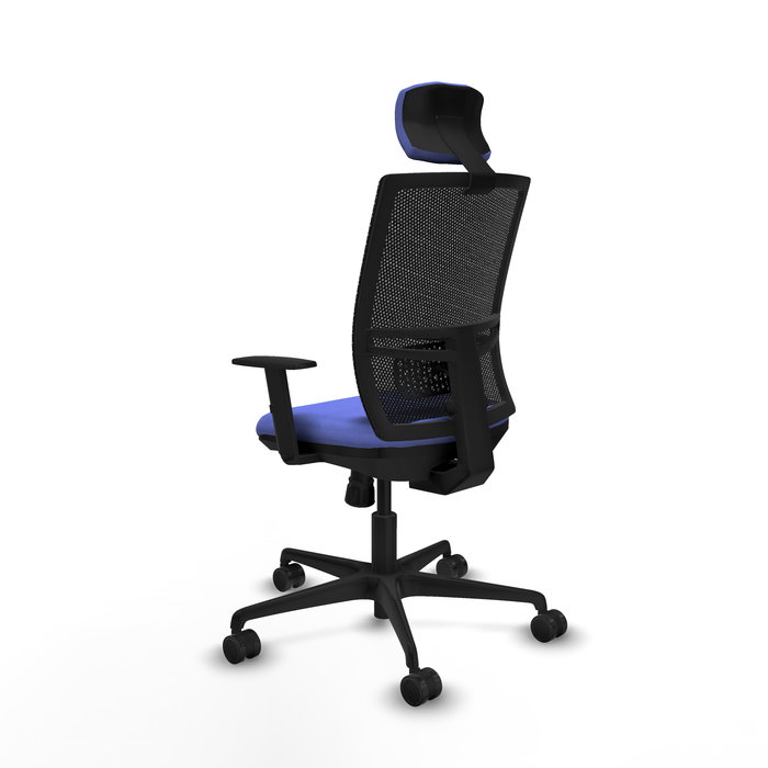 Chaise Yunquera Synchro 4 positions tissu Bleu clair Maille Noir Base en nylon noir Accoudoir 1D Appui-tête 1D Roulettes 65mm nylon