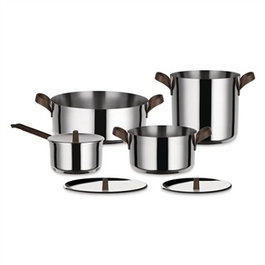 Alessi PU100S7 - Batterie de cuisine EDO 7 pièces, inox 18/10 avec poignées PVD brun, compatible induction et lave-vaisselle