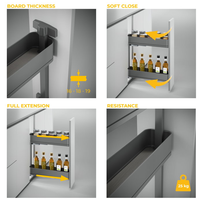 Emuca Porte-bouteilles latéral extractible Harmony avec fermeture amortie, Module largeur 200mm hauteur 700mm, Acier et Bois, Gris anthracite