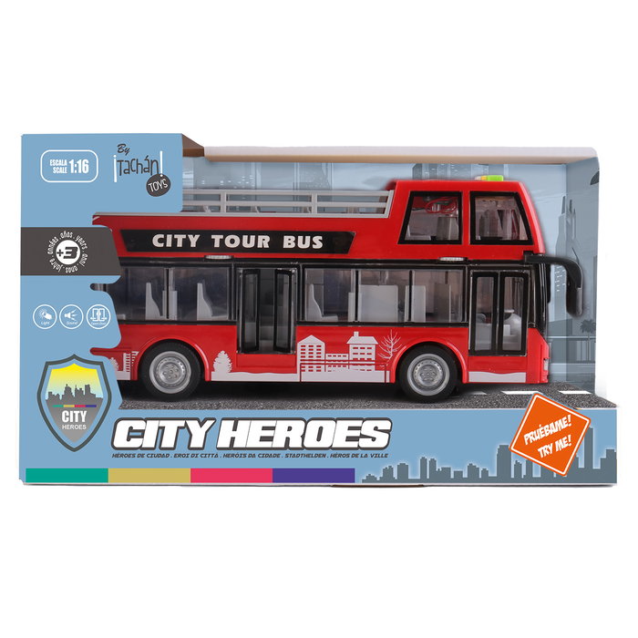 Tachan Autobus de ville à friction et à sons et lumières rouge, échelle 1:16, avec piles, langues multiples, pour enfants 3 ans et plus