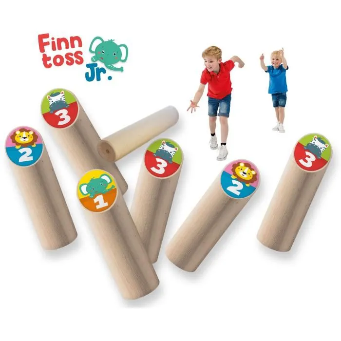 SES CREATIVE Finntoss Jr. - Jeu de lancer finlandais junior en bois pour enfants a partir de 4 ans avec sac de rangement et quilles animaux
