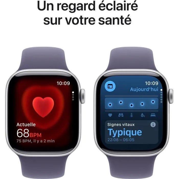 Apple Watch Series 11 GPS 42mm Boîtier Aluminium Argent Bracelet Sport Band Pourpre Gris Taille M/L