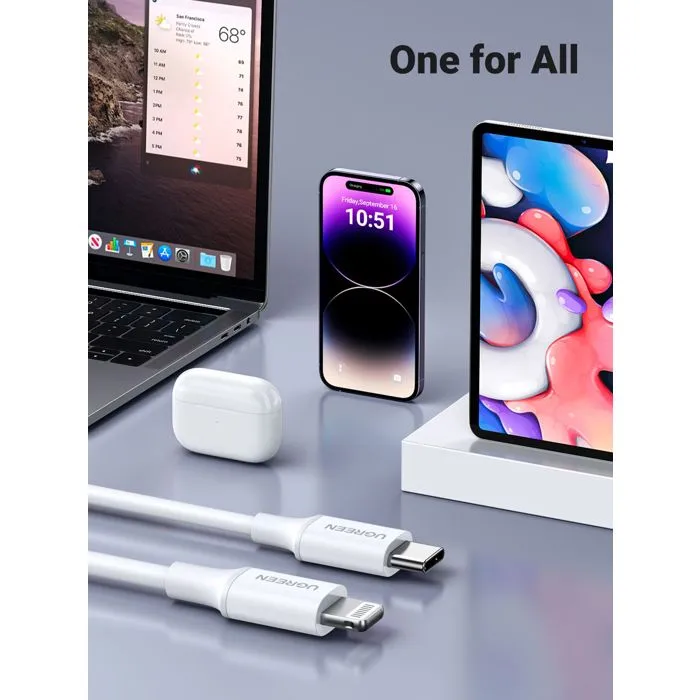 Ugreen - Câble USB-C vers Lightning en silicone blanc 1 m - Compatible iPhone, iPad - Recharge rapide et transfert de données