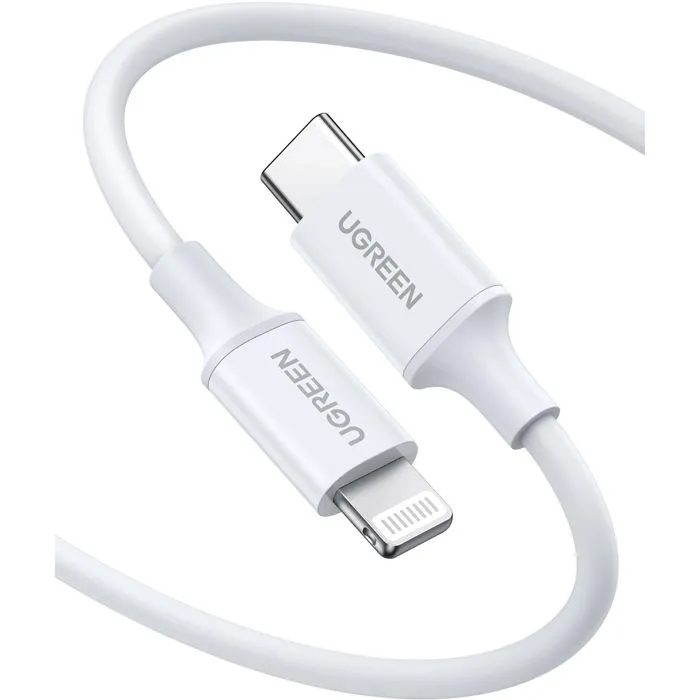 Ugreen - Câble USB-C vers Lightning en silicone blanc 1 m - Compatible iPhone, iPad - Recharge rapide et transfert de données