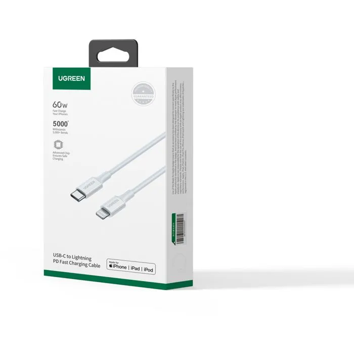 Ugreen - Câble USB-C vers Lightning en silicone blanc 1 m - Compatible iPhone, iPad - Recharge rapide et transfert de données