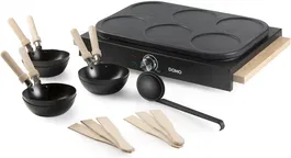 Domo DO8719W - Wok et Crêpes 2-en-1 pour 6 Personnes - 6 Poêlons Antiadhésifs avec Spatules en Bois, Thermostat Réglable 1000 W - Idéal Soirées